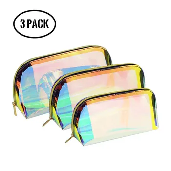 3 Pack Claro Holográfico Maquiagem Bolsa de Zíper Disponíveis para Personalizado