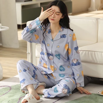 100% Algodão Mulheres Pijama De Manga Longa, Calças De Pijama Conjunto De Sala De Desgaste 2 Unidade Mola De Roupa De Dormir