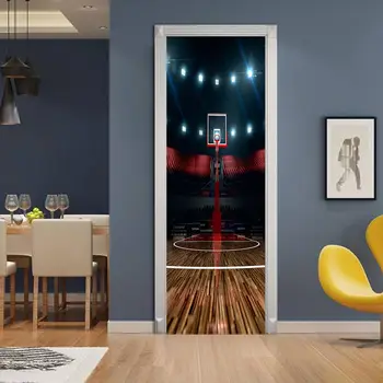 Impermeável 3D criativo quadra de basquete porta adesivos de papel auto-adesivo decoração de quarto, sala de estar adesivos de parede de porta