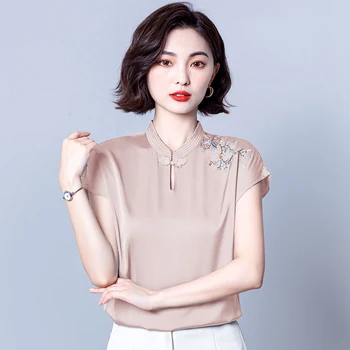 2023 estilo chinês novo melhoria cheongsam mulheres mais graciosas bordados requintados qipao gola de cor pura seda blusinha solta