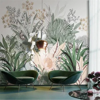 Pintados à mão Plantas Tropicais, Floresta de Folhas de Palmeira Personalizado Mural de Decoração de Casa de papel de Parede Quarto Decoração em 3D Papel de Parede