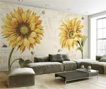 Papel de parede personalizado murais Nórdicos Vintage girassol flores do jardim TV da sala de estar de plano de fundo, pintura de parede de foto 3d papel de parede