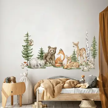 Animais da floresta Viveiro de autocolantes de parede, Aquarela animais de adesivos de Parede, Bosque arte de parede, Parede decal para crianças