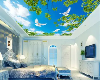 Personalizado com foto 3d teto murais papel de parede Lindo céu azul de nuvens brancas e folhas verdes pombo papel de parede para decoração de paredes 3 d