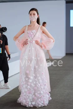 Cor-de-rosa Londres 2021 Novo de Qualidade Superior Linda 3D Flor Couture Tule de Malha de Renda Para corte de Vestido de Noiva /Designer de Moda