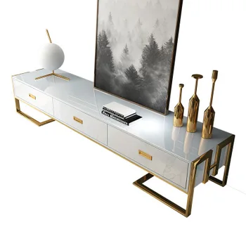 China estilo moderno suporte de TV retângulo mesa de café de vidro de topo de metal, mesa de chá com gavetas na sala de estar