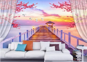 Personalizada foto mural 3d papel de parede do quarto A ponte de madeira flores pintura de paisagem 3d murais de parede papel de parede para parede 3 d