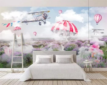Papel de parede personalizado com foto céu avião de pára-quedas de lavanda mural de PLANO de fundo de parede de quarto infantil decoração em 3d papel de parede
