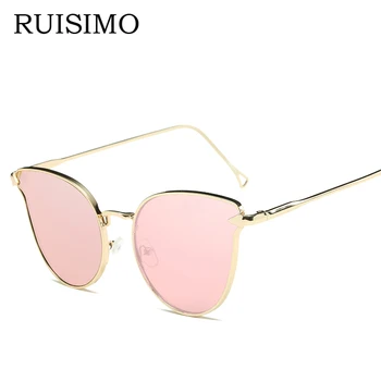 Cor-de-rosa vintage Espelho feminino Mulheres, Óculos estilo Olho de Gato rodada Marca de Designer de seta senhoras de óculos de Sol para mulheres retrô, Feminino