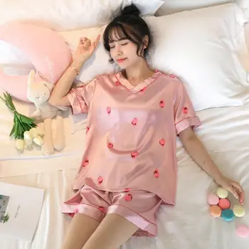 Pijama de Mulheres de Verão e coreano Gelo Seda com decote em V Cartoon Linda Solta Casa, Roupas de Mulheres de Roupas moda Verão Plus Size