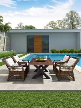 Mesa de jardim, cadeira e ao ar livre de combinação de lazer assento villa pátio ao ar livre mesa retangular mesa de jantar e cadeira terraço