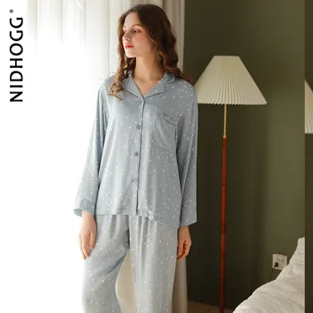2021 Senhoras Primavera Pijamas de Cetim com mangas Pijamas para Mulheres Viscose de Impressão Pijamas de Duas peças de Salão Desgaste Conjunto de Roupas em Casa