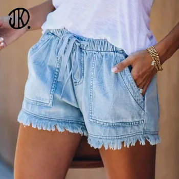 2021 Shorts Jeans Para o Chique Meninas o Verão Azul Elástico da cintura Bolso da Calça Larga mão de Jean Short de cintura Alta Senhoras Casual Sweatpant