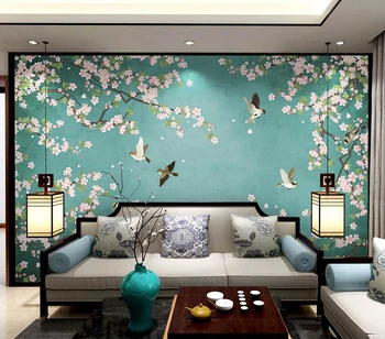 Papel de parede personalizado pintado a Mão begônia flores e pássaro na parede do fundo