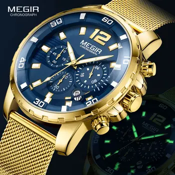 Megir Relógios de Luxo Homens 2020 Face Azul de Malha de Ouro Pulseira Impermeável Relógio de Pulso de Moda masculina Luminosa Cronógrafo de Quartzo Relógios