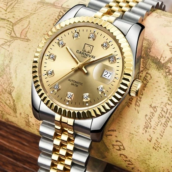 CARNAVAL Mens Relógios de Marca Top de Luxo Banhado a Ouro Caso Luminosa Impermeável Novos Negócios de Moda do Relógio relógios Mecânicos Para Homens