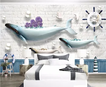 Personalizado com Foto de papel de Parede Mural do Mediterrâneo Europeu de Parede 3d papel de Parede Crianças Oceano de Baleias Farol Veleiro de Tijolo