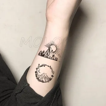 Etiqueta da tatuagem crescente planeta sol e da lua árvore da montanha Água de flor de Transferência Temporária Falso tatto flash tatoo para criança menina homens