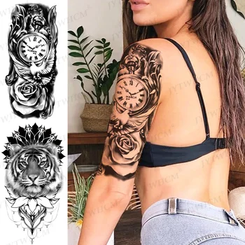 Relógio de Flores Tatuagem Adesivos Falso Leão de Arte Cobra Tatuagem Temporária Bordas Para Mulheres negras Mal, Diabo, Coruja 3D Tigre Totem Braço de Tatuagem