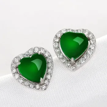Verde Natural, de Calcedônia Mão Esculpida em Forma de Coração Brincos bijuterias Mulheres 925 Prata Incrustada de Brincos de Presente Acessórios