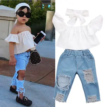 Moda Criança Menina Roupas de Ombro Tubo Tops + Calças Jeans+ Handband 3pcs Roupas Conjunto