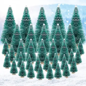 35 Pcs Miniatura de Árvore de Natal, Neve Artificial Frost Árvores Mini Sisal Neve Geada Árvores de Pequeno Pinheiros com Base de Madeira Verde Si