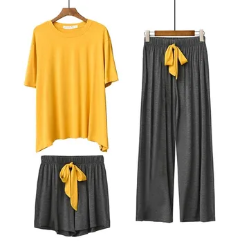 3 Peças Pijama Conjunto Modal Casual Solta Primavera, Outono Pijamas de mangas Curtas com Shorts, Calças compridas Casa Suave desgaste