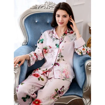 Kupokasi Pijamas para Mulheres de Verão de Pijama de manga comprida, Calças de Seda Mulberry Pijamas de Duas peças em Casa Serviço de Pijamas