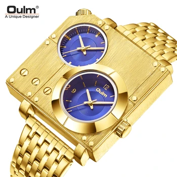 Novo Chegar Oulm Dourada, Marca De Luxo Homem Do Relógio De Aço Inoxidável Tamanho Grande Relógio De Quartzo De Dois Tempos De Zona Militar, Os Homens Relógio De Pulso