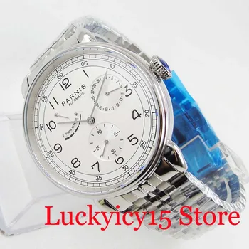 PARNIS Automático Homens Relógio de Reserva de Energia, Indicador de Data Mostrador Branco de Luxo de Estilo Bracelete de Aço Inoxidável do relógio de Pulso 42mm