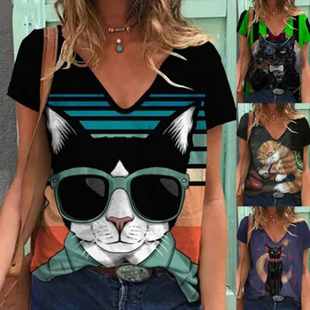 Gato 2022 resumo retrato de impressão de T-shirt, mulheres básica com decote em V T-shirt, oversized preto T-shirt com impressão 3D