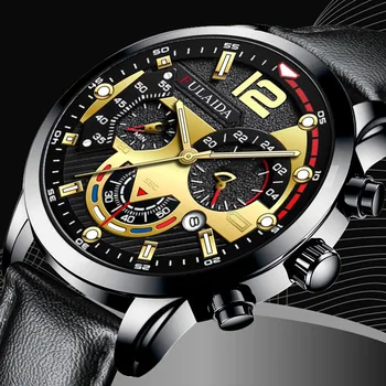 Moda Mens Relógios de Luxo dos Esportes dos Homens do Ouro de Aço Inoxidável de Quartzo do Relógio de Pulso de Homem de Negócios, Casual Relógio de Couro часы мужские