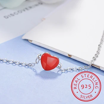 Sorte Dupla face Coração Vermelho 925 Pulseira de Prata Para Mulheres Simples Moda Sterling-Jóias de prata S-b130