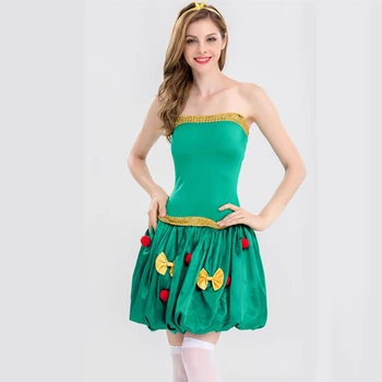 Árvore De Natal De Cosplay Traje Terno Para Mulheres Adultos Papai Noel Vestidos Verdes Conjunto Girl Slim Sexy Fantasia De Desempenho De Vestido Curto