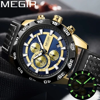MEGIR Homem Esporte Impermeável relógio de Pulso Cronógrafo Homens Relógio de Militares do Exército de melhor Marca de Luxo de Couro Genuíno Novo Macho Relógio 2096