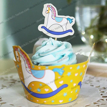 Cavalo de madeira cupcake wrappers decoração de festa de aniversário de favores para crianças,cup cake toppers pega suprimentos(12pcs envoltórios+12 toppers)