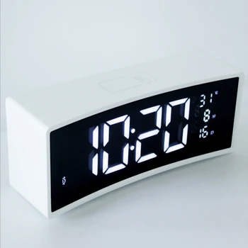Digital curvo LED relógio despertador multi-função preguiça de despertar espelho, relógio despertador