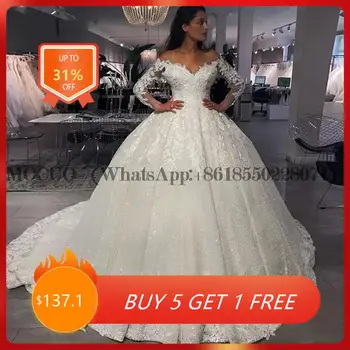 Dubai Lindo Decote Em V Vestidos De Casamento Do Laço Brilhante Bola Vestido De Mangas Compridas, Vestidos De Noiva Fora Do Ombro Vestido De Noiva 2023