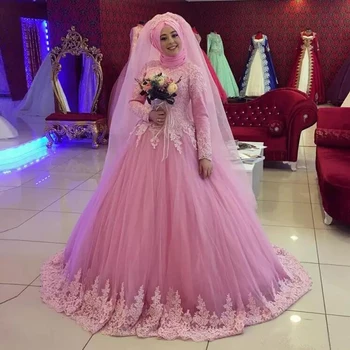 Mangas Compridas Muçulmano Bola Vestido De Noiva Vestidos De Apliques De Rendas Vestidos De Noiva Modestos Mulheres De Vestido De Noiva Vestidos De Mariee