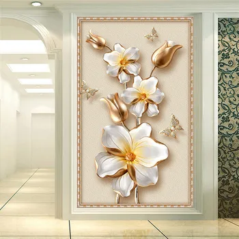 3D Estereoscópica de Luxo da Flor do Ouro Jóias Foto Mural de Parede Europeu de Hotel em Estilo de Sala de estar de Entrada pano de Fundo, Papéis de Parede