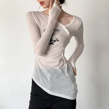 E MENINAS Sexy Irregular Designer Mulheres de Long Sleeve Tee Shirt Feminina Ocos Magro T-shirt Apertada Streetwear