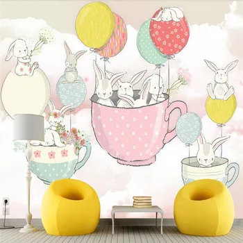 Desenhos animados coelho pintados à mão balão xícara (chá quarto de crianças mural de parede profissional de produção de papel de parede mural