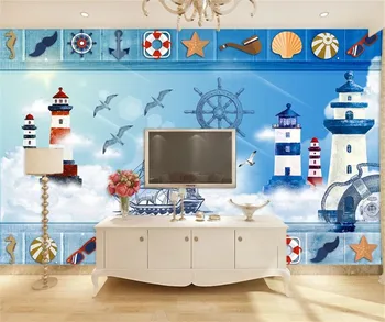 Baçal personalizada impressão 3D papel de parede mural do Mediterrâneo farol de navio pirata dos desenhos animados para o quarto do miúdo de fundo a decoração home