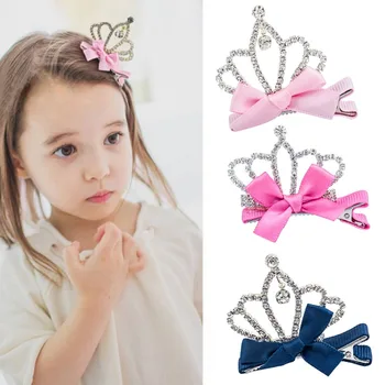 Total de Cristal Brilhante Hollow Crown laço de Fita Vermelho Azul cor-de-Rosa Princesa de Cabelo Clips e Pinos para crianças, Crianças Headwear Acessórios